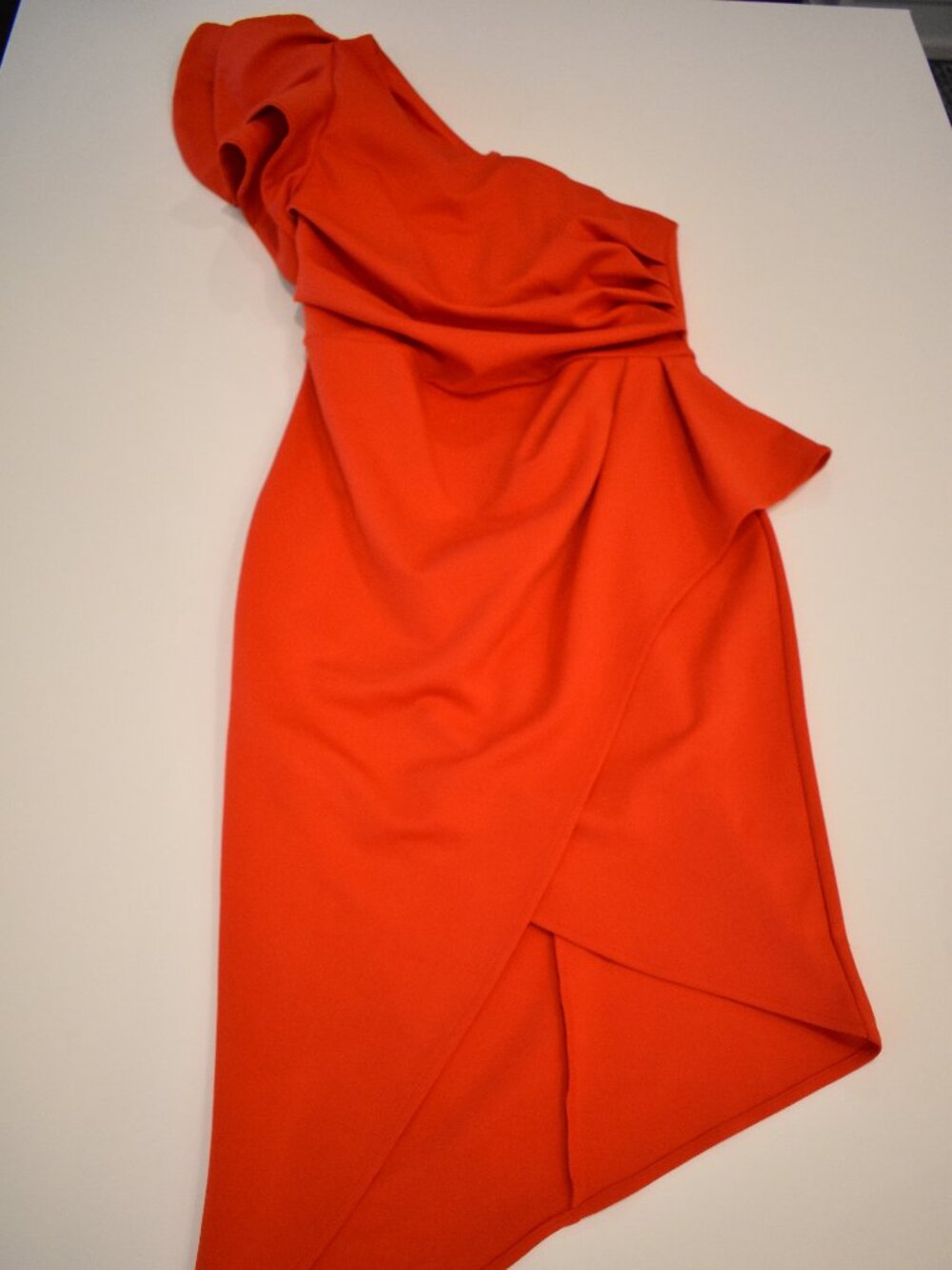 Women's One Shoulder Red/Orange Cocktail Dress Asymmetrical Ruffle Midi Sz Small
